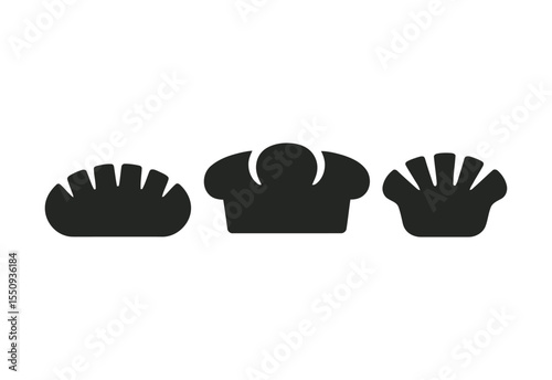 Simple black silhouette icons of bread and a chef hat on white background