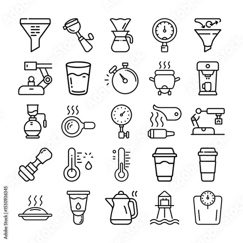 Collection of Line Art Icons for Coffee Brewing and Kitchen Appliances