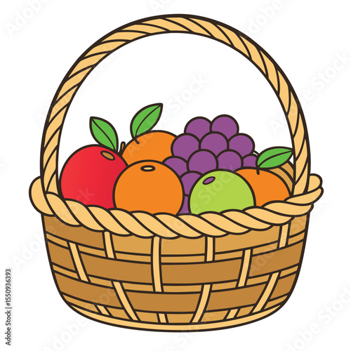 Wicker basket filled with fresh fruits simple line art illustration