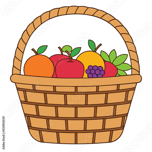 Wooden basket with mixed fruits simple outline drawing vector