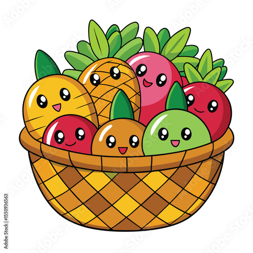 Kawaii fruit basket with happy smiling fruits cartoon vector illustration