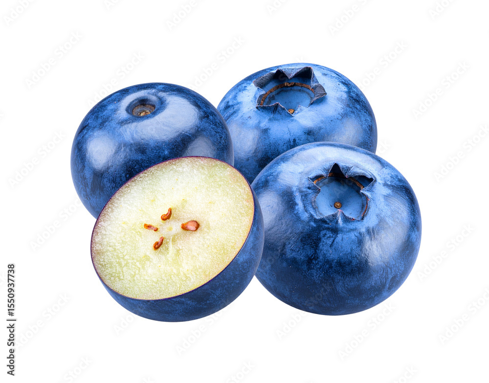Obraz premium Closeup of three plump blueberries one halved showcasing their deep blue skin and pale yellow flesh with tiny seeds.