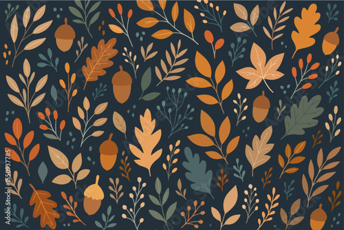  Charming autumn-themed design featuring acorns, leaves, and branches. Vector Patterns