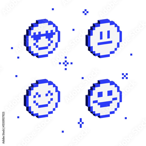 Set of 3d pixel emoji. 3d pixelated smiley. Various emotions in a voluminous 8-bit style. Isometric 8 bit emoji. Vector Illustration