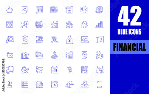 Financial blue line icons. earning, income, business icons.