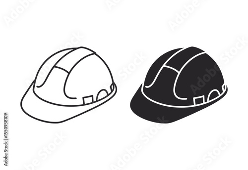 Pair of hard hats one in outline and one in solid black silhouette