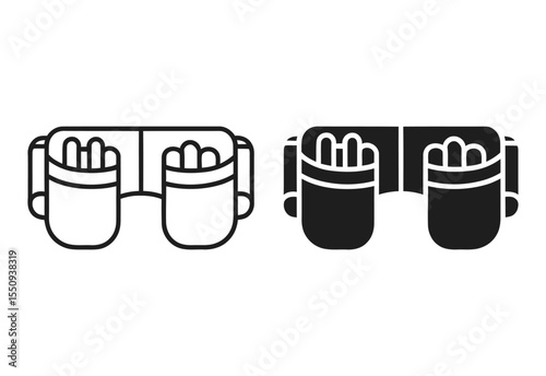 Two stylized icons of a tool belt with pouches holding tools in black and white