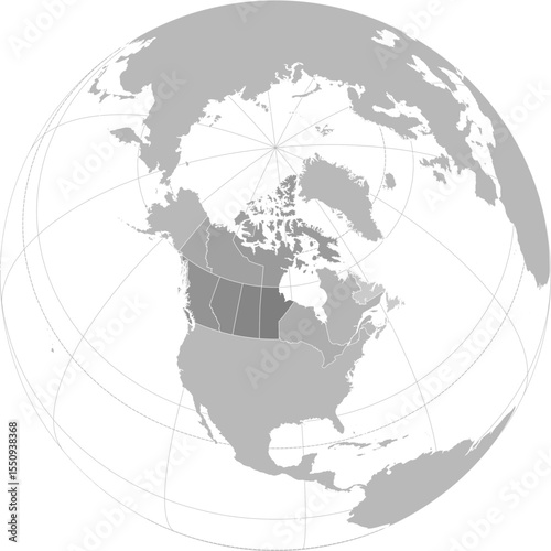 World vector map with Canada level 1 administrative boundaries and graticules (Canada-centered and highlighted view, orthographic projection, PPT-compatible & fully editable)	