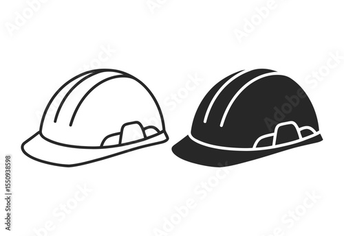 Two hard hats one outlined and one solid black isolated on white background