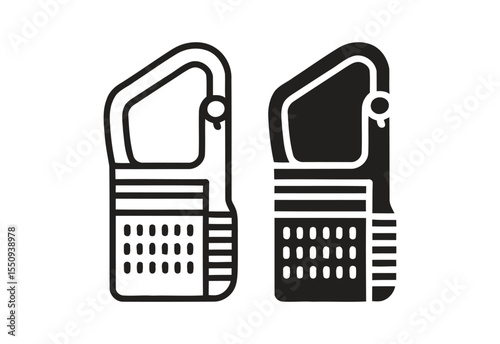 Two stylized icons of a carabiner clip with a textured grip and a circular opening