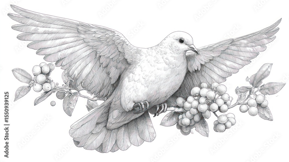 Obraz premium A dove in flight, perched on a branch with berries