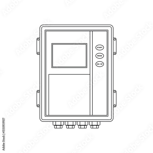 Illustration of a solar inverter with a digital screen and LED indicators for power, fault, and status. Perfect for representing solar energy systems, control, and power conversion.