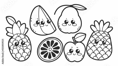 Outlined cartoon fruits with cute faces including pineapple orange pear and apple in black and white style created with generated ai