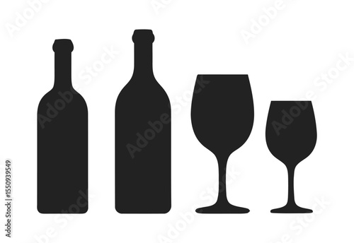Two black silhouette wine bottles and two wine glasses on a white background