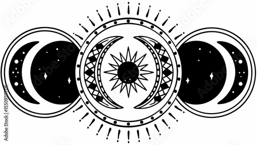 Black and white phases of the moon with sun and stars in circular decorative design element style created with generated ai