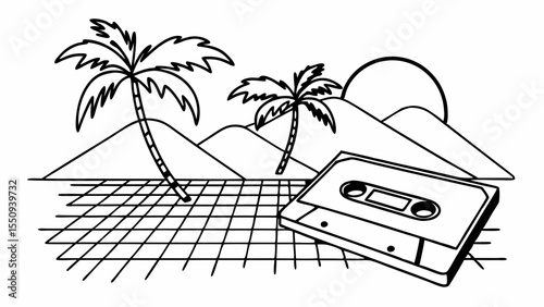 Retro landscape with palm trees sun mountains and cassette tape in black and white line art style created with generated ai
