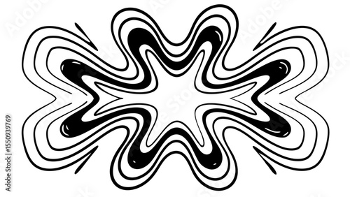 Black and white abstract design with wavy lines creating a symmetrical star like shape in the center created with generated ai