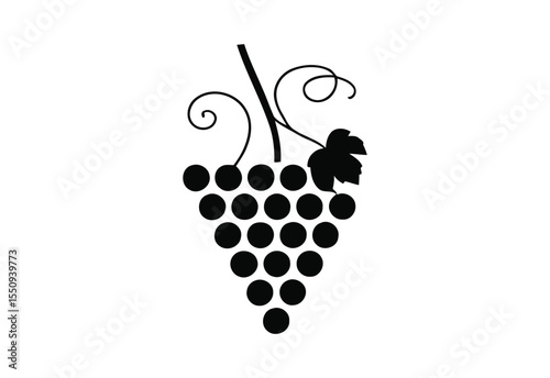 Stylized black silhouette of a grape bunch with a leaf and vine