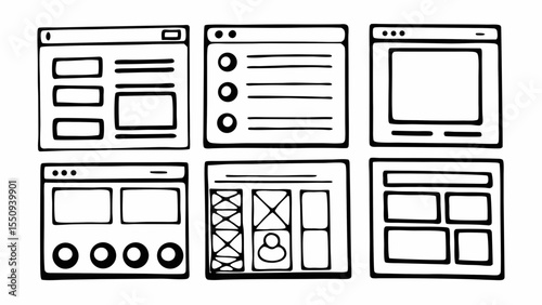 Six hand drawn website wireframes showing different layouts and interface elements in black and white style created with generated ai
