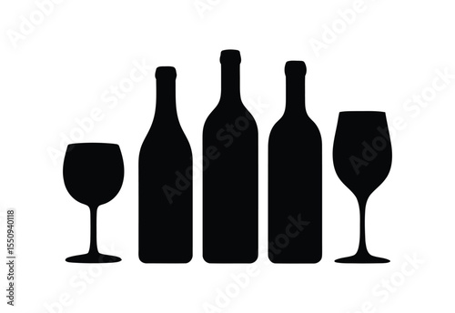 Three black wine bottles and two wine glasses in silhouette on white background