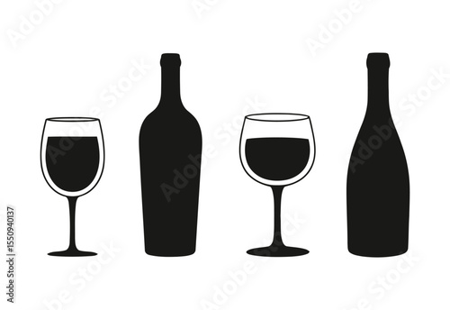 Two black silhouettes of wine bottles and two wine glasses with red wine