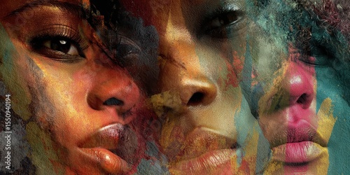 Close-up portrait of three faces with vibrant colors.