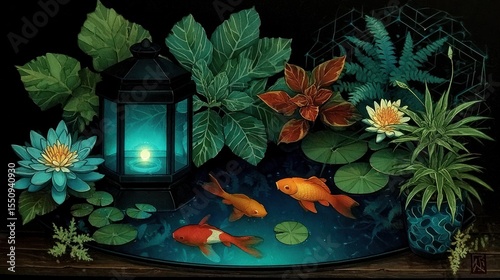 Still life of a tranquil pond scene with plants, lotus flowers, and fish