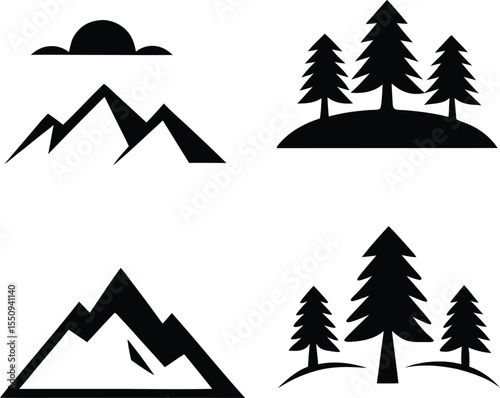 Featuring Pine Trees, Mountains and Sunset Landscapes Clean Black Silhouette Vector Set 