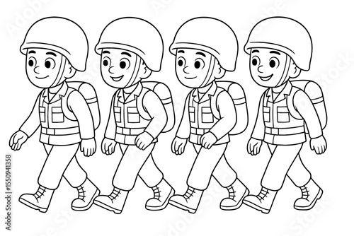 Marching soldiers wearing uniforms, helmets, and backpacks in a disciplined line. This black and white line art is ideal for kids to color and learn about teamwork.