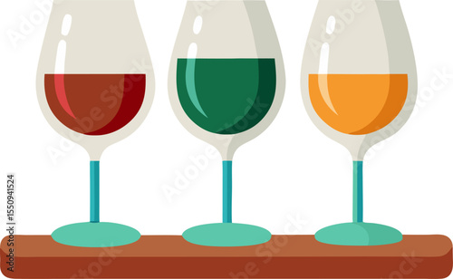 Minimalist vector of a wine tasting flight with three glasses on a wooden board with white background .