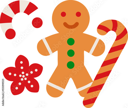 Playful vector of candy canes and gingerbread cookies in festive arrangement with white background.