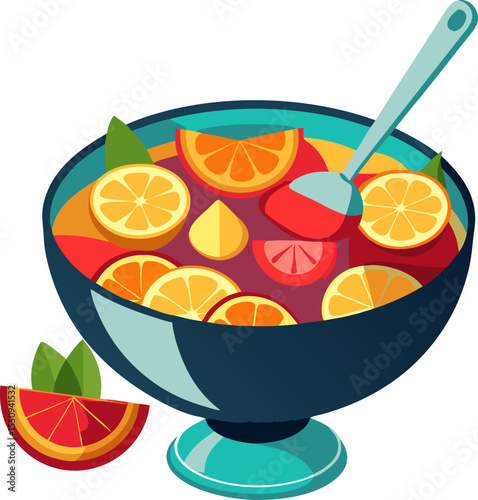 Modern vector of a punch bowl with fruit slices and ladle with white background .
