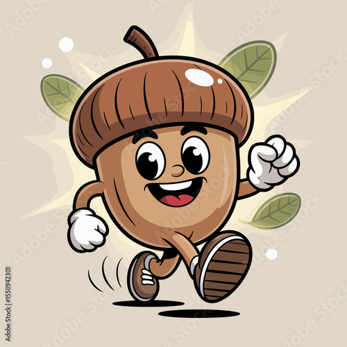 Acorn Character with Leaves Running Cheerfully
