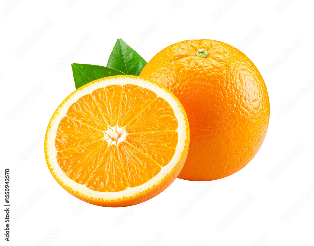 Fototapeta premium Juicy Orange Fruit with Segment and Green Leaves.