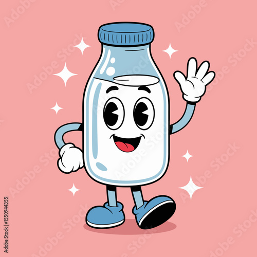 Cartoon milk bottle with blue cap smiling