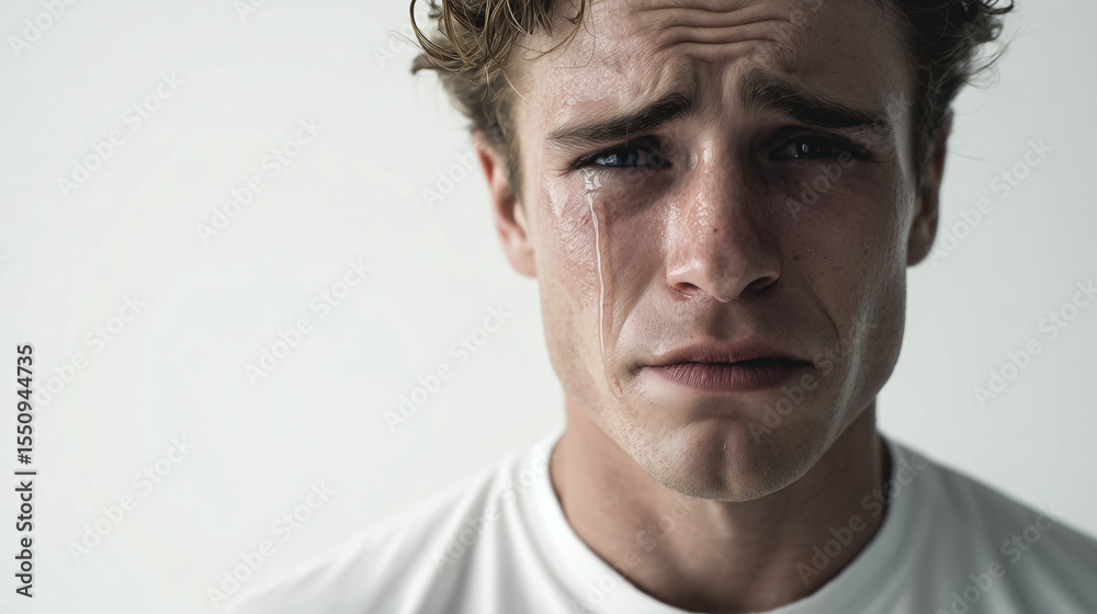 Obraz premium Portrait of a man with a sad expression, crying. Captures deep emotion, vulnerability, and human sadness in a raw and powerful moment.