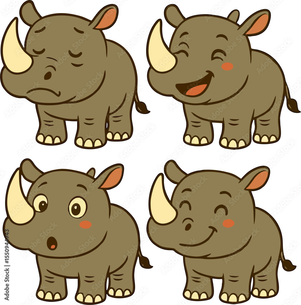 Fototapeta premium cute cartoon rhinoceros faces with different emotions for kids vector animal character illustration