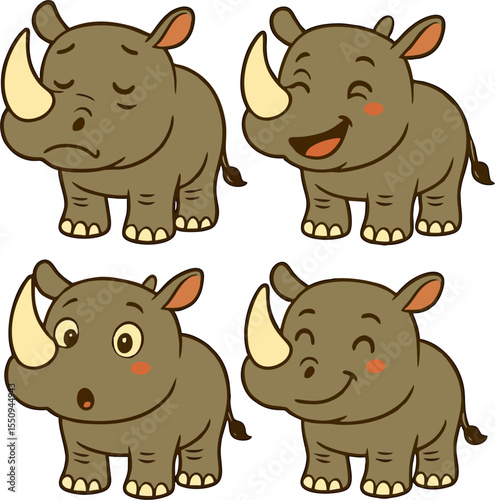 cute cartoon rhinoceros faces with different emotions for kids vector animal character illustration