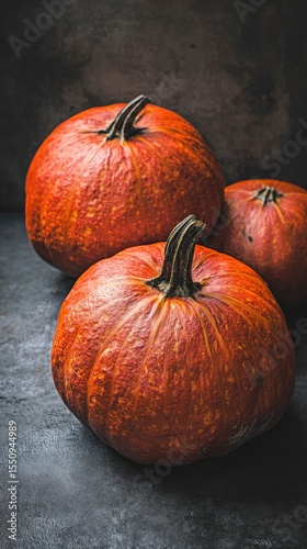 Three Ripe Pumpkins on Dark Background - Autumn Harvest Still Life