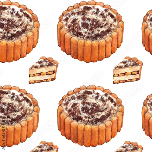 Watercolor Pattern of Tiramisu Cake and Slice – Classic Italian Dessert Repeat Design. Layered dessert with espresso-soaked sponge, mascarpone, and cocoa. Cooking, culinary theme wallpaper.