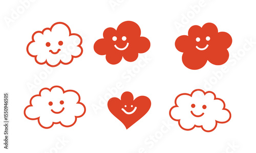 Modern vector illustration featuring playful doodles, fluffy clouds, and oval smiley faces, a heart-shaped smiley, and a simple flower, easily editable.