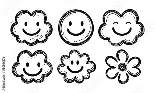 Modern vector illustration featuring playful doodles, fluffy clouds, and oval smiley faces, a heart-shaped smiley, and a simple flower, easily editable.