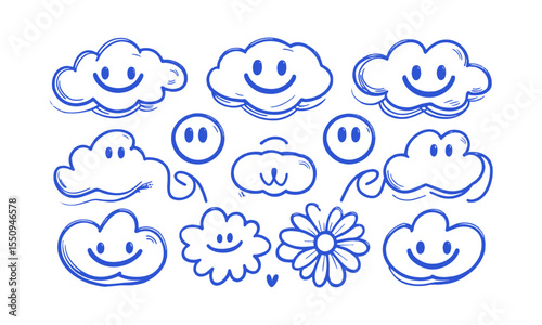 Modern vector illustration featuring playful doodles, fluffy clouds, and oval smiley faces, a heart-shaped smiley, and a simple flower, easily editable.