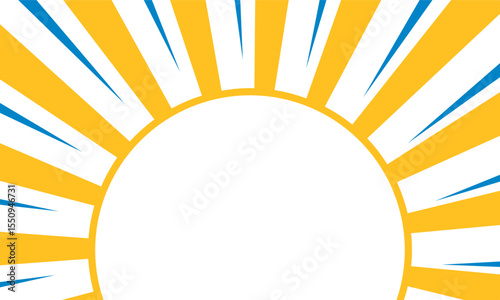 Abstract background of yellow and blue sunburst rays with white semicircle bottom space
