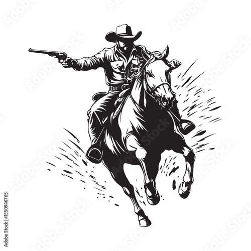 Fearless Cowboy Pointing His Gun While Riding a Galloping Horse Vector Art