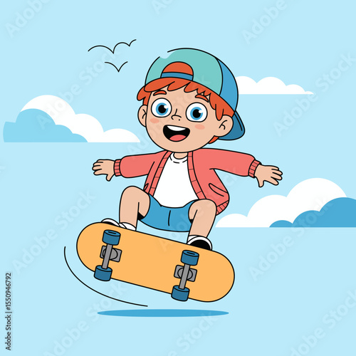 Cartoon Boy Skateboarding in the Sky