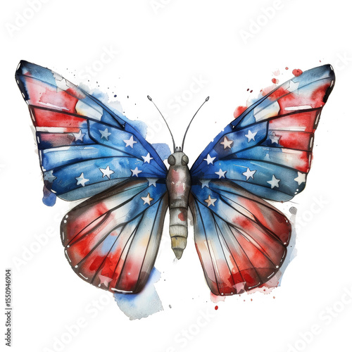 Watercolor clipart of American flag design butterfly