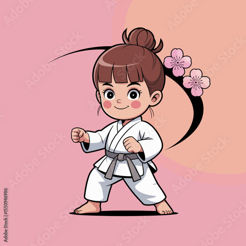 Karate Girl Cartoon with Floral Backdrop