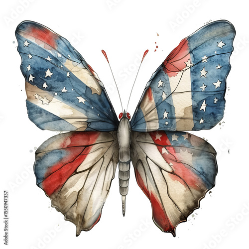 Watercolor clipart of American flag design butterfly