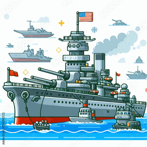 cartoon illustration of warship on white background